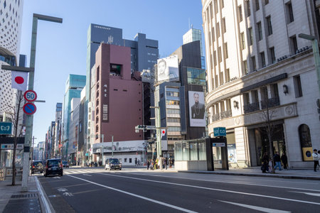 Tokyo, Japan-28 Dec 2025: Street view of Ginza, upscale shopping district in Tokyo. The wide...