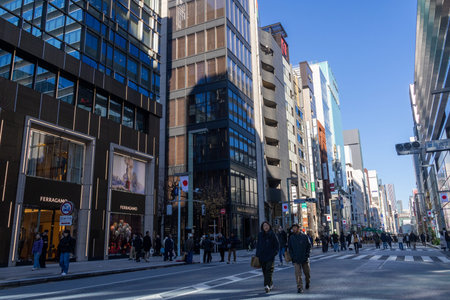 Tokyo, Japan-28 Dec 2025: Ginza main street, Chuo Dori, becomes a pedestrian-only zone on weekend...