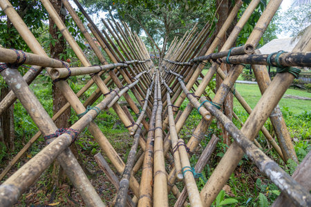 Bidayuh bamboo bridge built by traditional tribes in Sarawak. These bridges are constructed from...