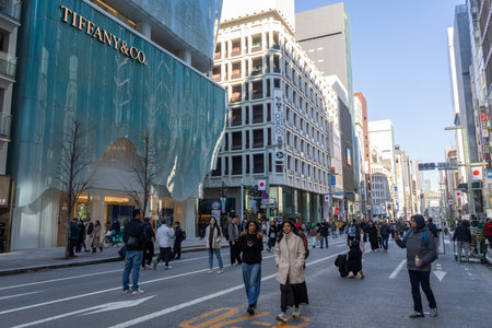 Tokyo, Japan-28 Dec 2025: Ginza main street, Chuo Dori, becomes a pedestrian-only zone on weekend...