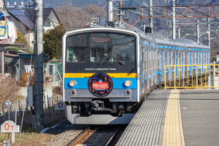 Fujiyoshida, Japan- 19 Dec 2025: Fujikyuko train is approaching the Shimoyoshida Station in Japan....