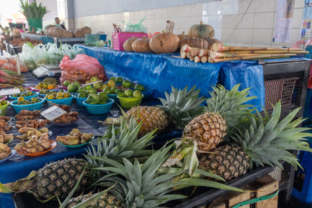 Kuching, Malaysia- 26 Jan 2026: Vegetable stall in Satok Weekend Market in Kuching, Malaysia. The...