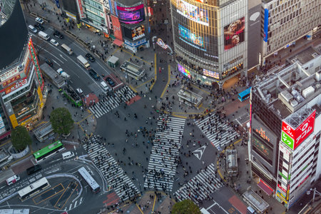 Tokyo, Japan- 16 Dec 2025: Stunning perspective looking down directly onto the iconic Shibuya...