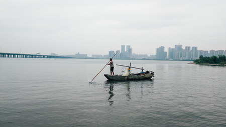 Man on a fishing boatのeditorial素材