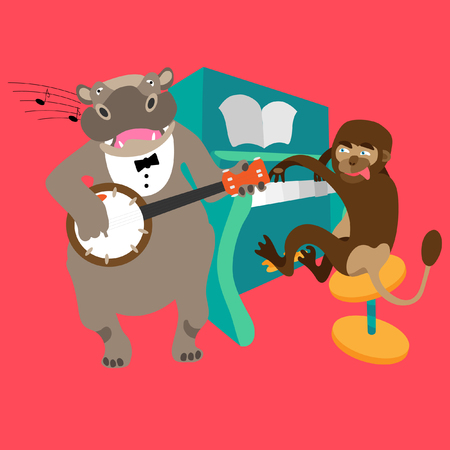 Singing hippo with banjo plays melody together with a monkey who plays the piano. Fine for a greeting card, home pages and invitations to parties and gigs.のイラスト素材