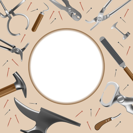 Farrier's tools frame in realistic style. All the basic instruments for hoof care and shoeing. Fine for farrier's shop leaflets, flyers, catalogues, promos and horsemanship sites.のイラスト素材