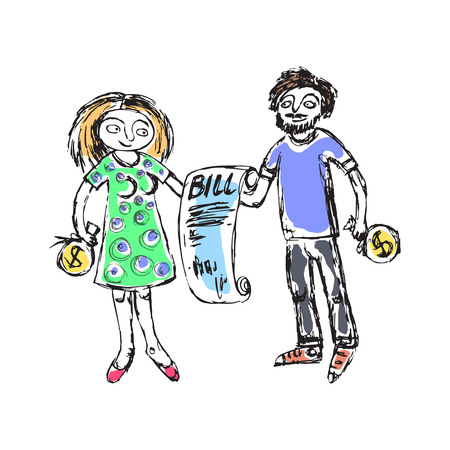 Doodle picture of a young family thinking about paying out bills. Fine for articles, financial institutions and services promo materials.のイラスト素材