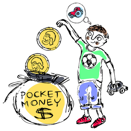 Kids save pocket money to buy a toy from the wishlist. Fine for articles about kids financial education.のイラスト素材