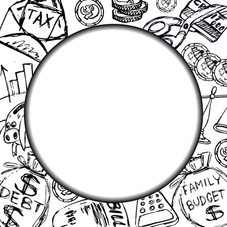 Frame for text or heading with family budget financial symbols (coins, piggy, calculator, tax debt, credit card) to illustrate articles and brochures on financial topic.のイラスト素材