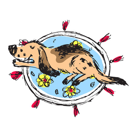Doggy, sleeping on a round mat. Fine for children fabric print, stationary.のイラスト素材
