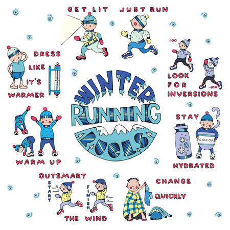 Winter running rules set, in doodle style. Fine for sports sites, articles, brochures, promomaterials and stationery.のイラスト素材