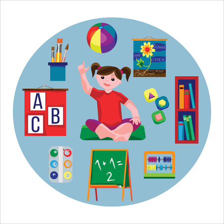 Kindergarten (preschool) classroom picture with a girl asking a question, in flat style. Fine for stationary, preschool sites and articles, illustrations, kindergarten diplomas.のイラスト素材
