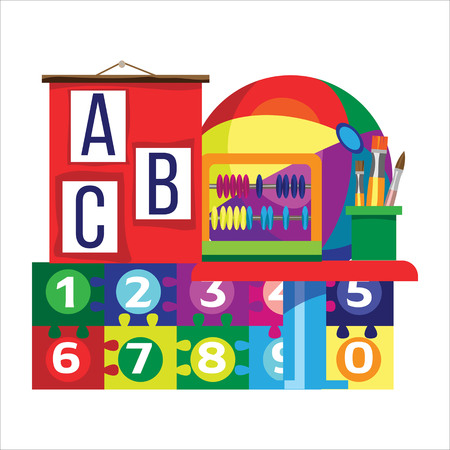 Kindergarten (preschool) classroom picture in flat style. Fine for stationary, preschool sites and articles, illustrations, kindergarten diplomas.のイラスト素材