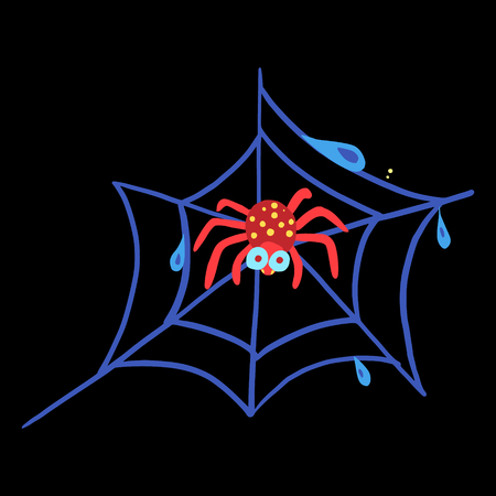 Funny spider on the web with dew drops against the black background.のイラスト素材