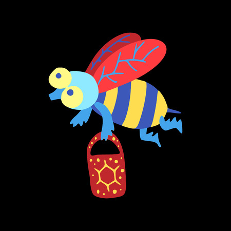 Busy bee with honey bucket in doodle style. Conttrast colors illustrationのイラスト素材