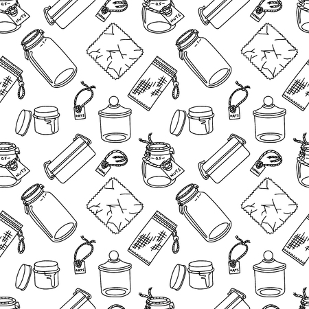 Seamless pattern in doodle style with zero-waste and plastic-free items for kitchen. Sustainable household and green house. Stationery and fabric print pattern.のイラスト素材