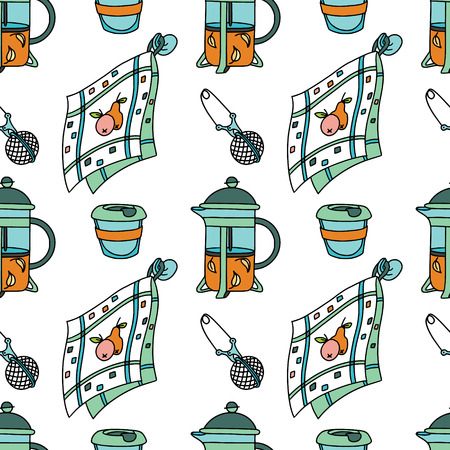 Seamless pattern with french-press, dish towel and tea-cup. Doodle illustration. Fabric print pattern, stationery and wrapping.のイラスト素材