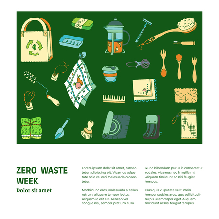 Zero waste doodle with text. Sustainable household and ecoliving concept. Articles about ecology, zero waste and green life-style.のイラスト素材