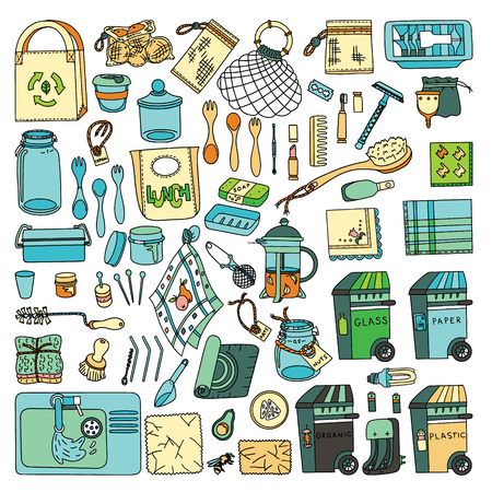 Zero waste doodle set. Kitchen, beauty, home and shopping. Ecoliving. Sustainable houshold.のイラスト素材