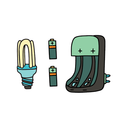 Energy saving lamp and rechargable batteries with a charger. Eco house. Sustainable household items and products. Zero waste concept.のイラスト素材