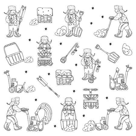 A set of figure and equipment for de-icing and snow removal. Fine for ice and snow removal services promotion, articles abot de-icing equipment and snow clearing work.のイラスト素材