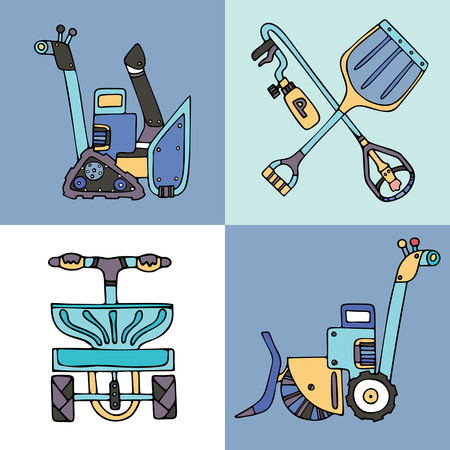 Set of snow removal equipment: electrical shovel with a sweeper, snow blower, salt spreader, shovel and de-icing torch. Fine for ice and snow removal services promotion, articles abot de-icing equipment and snow clearing work.のイラスト素材