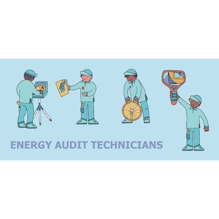 Energy audit technicians doodles for specialized services sites, promomaterials and brochures.のイラスト素材