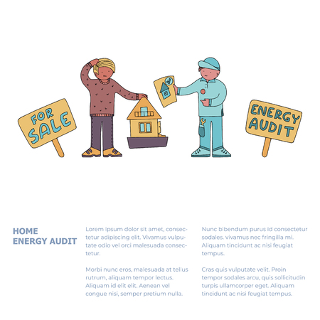 Home energy audit doodles with text. Property owner gets presale energy audit report from a technician. Fine for energy audit services sites, promomaterials and brochures.のイラスト素材