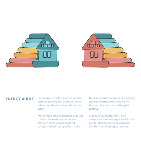 Home energy consumption levels doodles for home energy audit services sites, promomaterials, articles  and brochures. Text template with words Energy Audit. Picture of a house corresponding to a definite energy consumption level.のイラスト素材