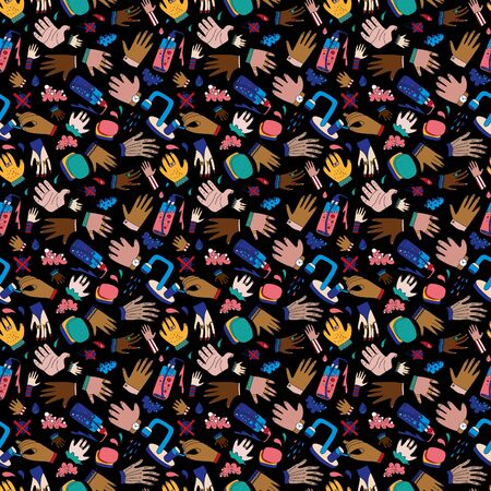 Wash your hands seamless pattern with hands of kids and grown ups, soap and crossed out bacteria and...