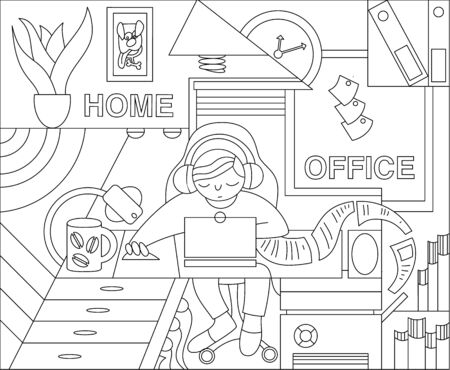 Home office and freelance job flat picture with working home attributes, kids and petsのイラスト素材