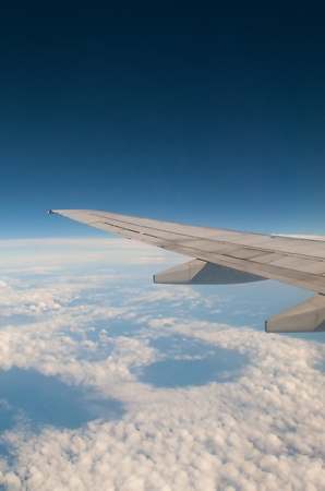 Airplane wing about blue skyの写真素材