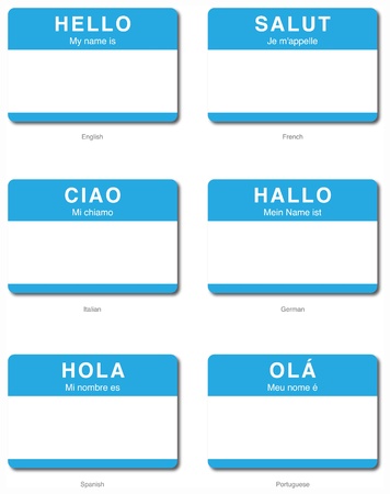 Foreign Language of Hello My name is sticker in English, French, Italian, German, Spanish, Portugueseのイラスト素材
