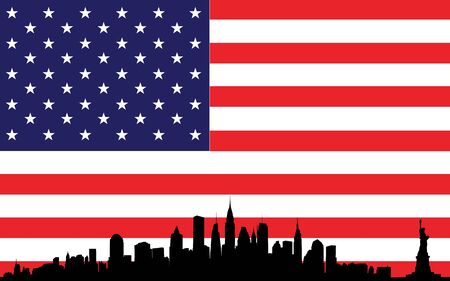 Vector of skyline over new york city on the background the flag of united states of americaのイラスト素材