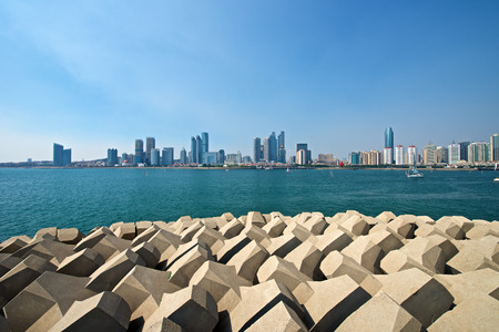 Qingdao, China - September 17, 2015: A beautiful view of Qingdao Skyline harbor.