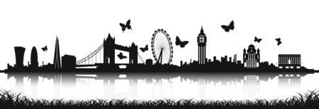 London Skyline Silhouette in black and white with butterflyのイラスト素材