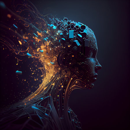 Abstract illustration of a person with gold and blue detailsの素材