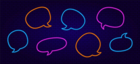 Vector set of Neon glowing Dialog Boxes. The Speech Bubble. An Empty window for dialogue and thoughts. A bright text field on a dark background. A design element for a banner, Price tag, or Discount.のイラスト素材