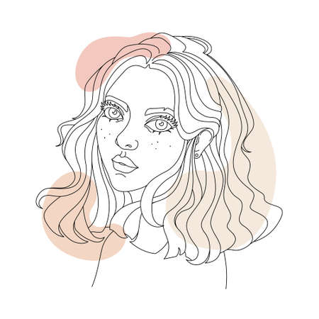 Illustration of a womans Face on a white background. Drawn with Outline and lines. A beautiful and young Womanのイラスト素材