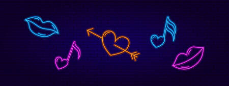 3d neon signboard. Neon design elements are Lips, Notes, and an Arrow heart. Modern trend style. Valentines Day.のイラスト素材