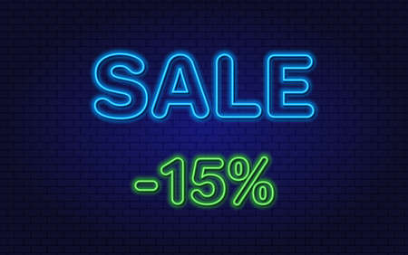 Discount 15 percent off. Neon design element for banner, website, store. Glowing Vector. Text.