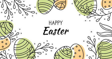 Festive Banner with geometric pattern on Easter Eggs. Decorative horizontal banner with Easter eggs and pussy willow branches on a white background. Vector border with place for textのイラスト素材