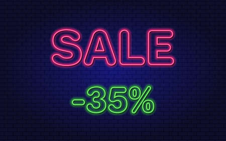 Discount 35 percent off. Neon design element. Glowing Vector Text.のイラスト素材