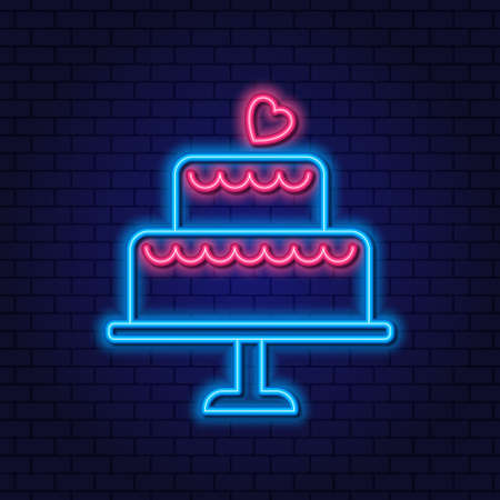 Two Tier Wedding Cake Neon Sign. Wedding concept. Neon Big Cake. Glowing Neon Linear Design Element against a dark background.のイラスト素材