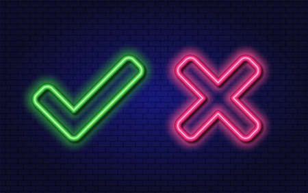 Check mark and Cross neon elements. Accept and Reject. Right and Wrong. Glowing vector retro sign on a dark background for website, mobile appのイラスト素材