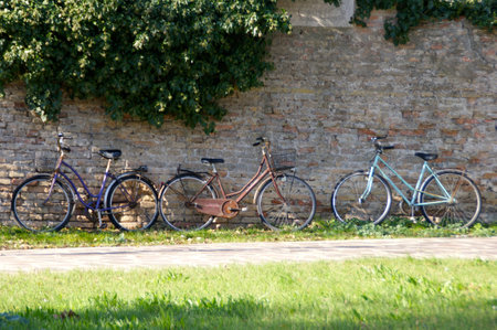 Bicycles in the shadow in Burano, Veniceの写真素材