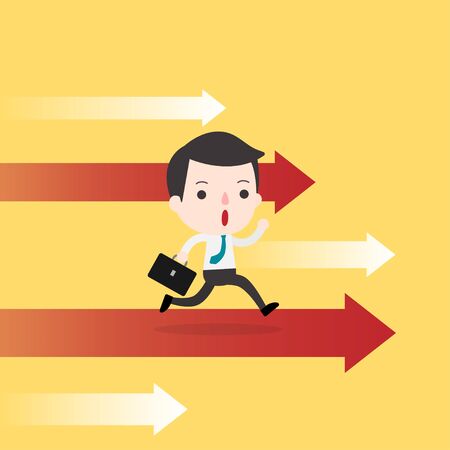 Business man running forward on arrow. Business concept. Flat style vector illustration.  backgroundbusinessbusinessmancartooncharactercharacter designconceptcorporatedesignenergeticfastflatflat designforwardfunnyiconillustrationleadermanmanagermotivationのイラスト素材
