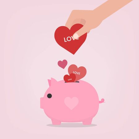 Saving love saving heart in cute piggy bank. Vector illustration.のイラスト素材