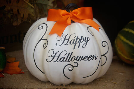 Simplistic Happy Halloween Pumpkin with a festive orange ribbon on top   の写真素材