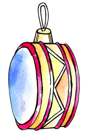 christmas tree toy drum, watercolor sketch, green color, new yearの写真素材